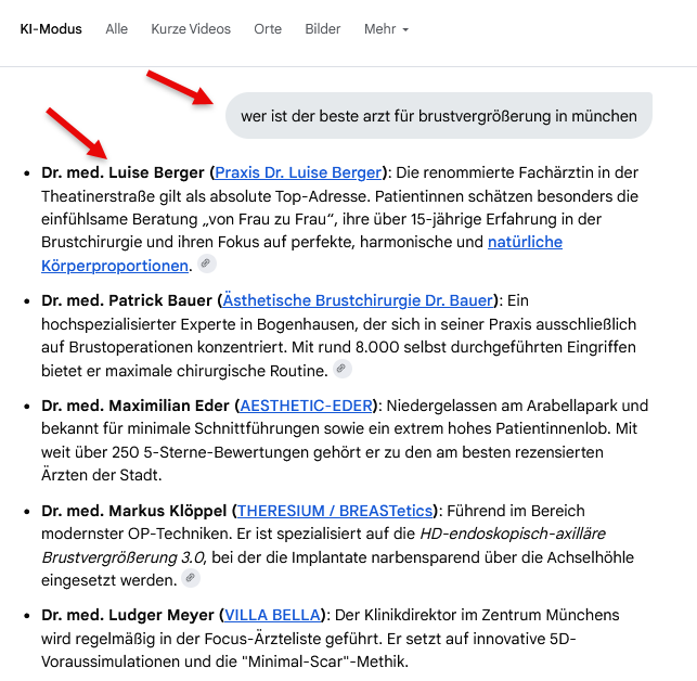 Google AI Overview nennt Dr. Luise Berger bei der Suche nach Brustvergrößerung in München