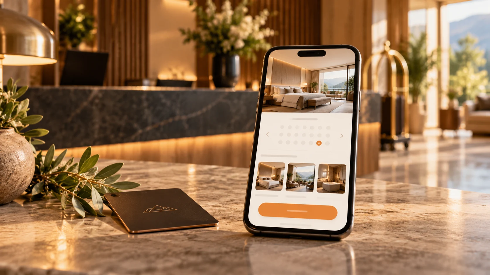Smartphone mit beispielhafter Hotel-Buchungsseite an einer Rezeption