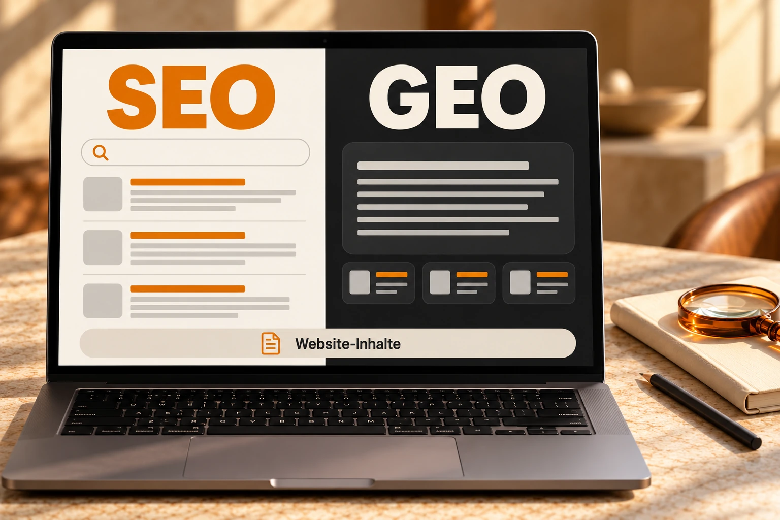 Laptop mit groß beschriftetem SEO- und GEO-Vergleich: Suchtreffer neben einer KI-Antwort und gemeinsamen Website-Inhalten.